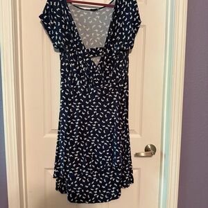 Torrid Blue Butterfly Dress with Flutter Sleeves and Faux Wrap